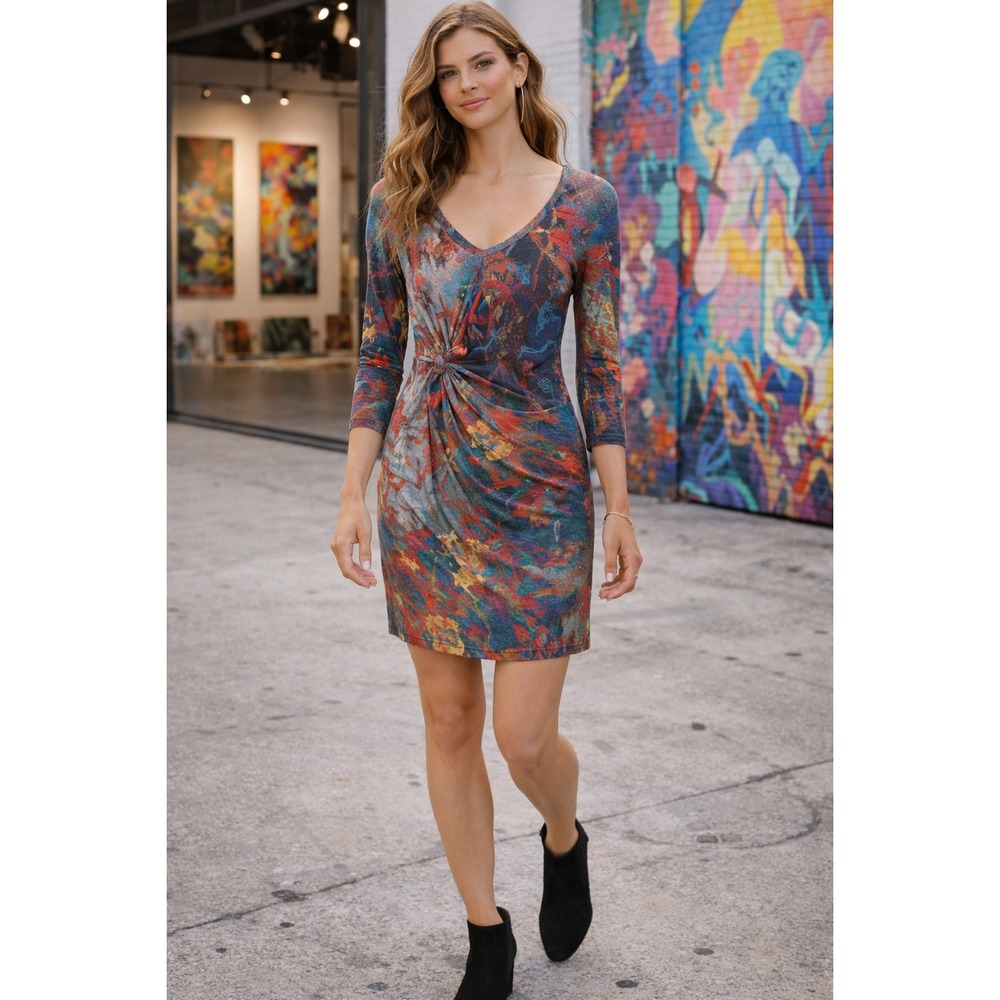 Desigual Abstract Twist Front Sheath Mini Dress Multicolor 3/4 Sleeve L